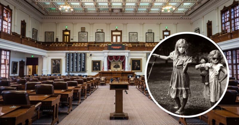 A large government chamber with rows of wooden desks and a podium. The inset shows a black-and-white photo of two young girls; one holds a doll, and the other wears sunglasses.