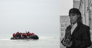 A group of people in life jackets crowd a small inflatable boat on open water; next to them, a black-and-white photo shows a young person in a beret and jacket holding a vintage camera in front of a historic building.
