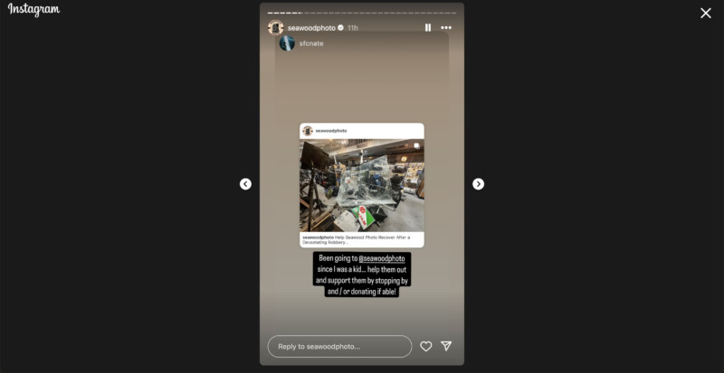 Screenshot of an Instagram story showing a shared post. The post features a cluttered shop with various tools and materials. Text overlaid reads: "Been going to Shopcatsupply and since I left, they've not had any support. Try stopping by and if donating if able!.