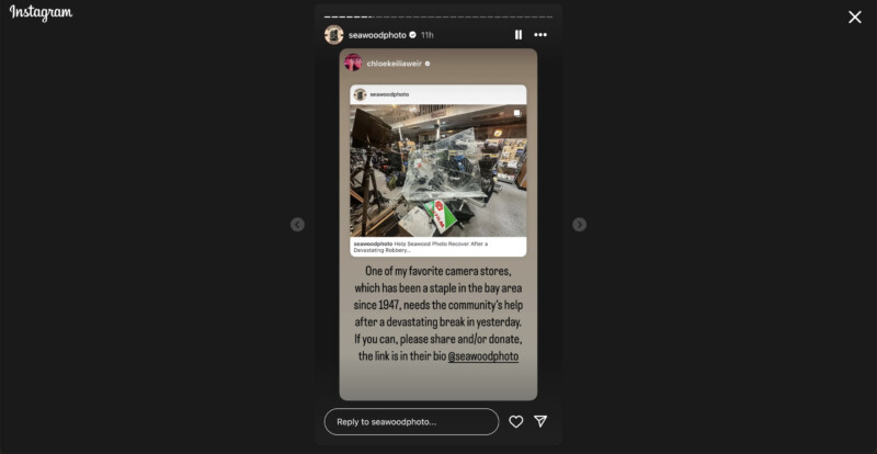 A shattered glass storefront of a camera store is shown. Inside, a man stands amidst the debris. Text below mentions the store has been a staple since 1947 and requests community help after a break-in.