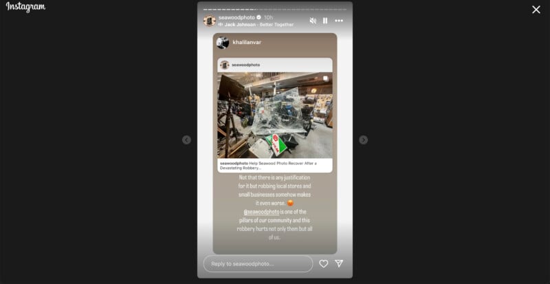 Instagram story featuring a furniture store with a post about supporting local businesses. The image shows an interior with various furniture pieces. The message encourages shopping at community-centered stores.