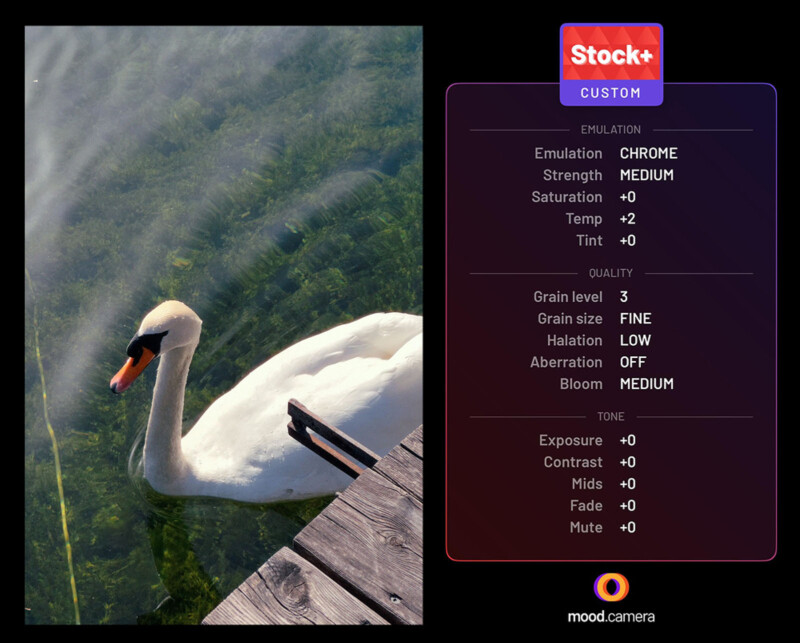 A swan swims in clear green water next to a wooden dock. Beside it, an overlay displays a photo editing app interface with settings for emulation, quality, and tone adjustments.