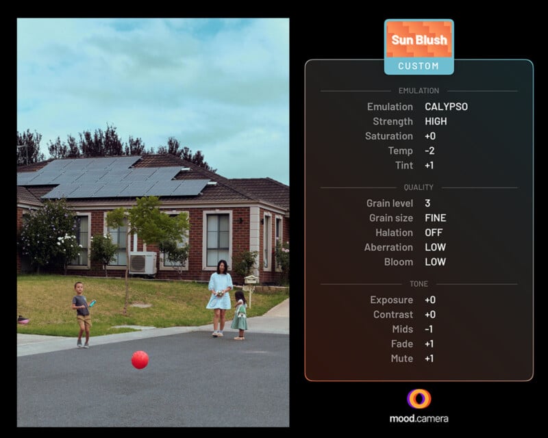 A family playing outside a house with solar panels. Two children chase a red ball on a suburban street. An adult stands nearby. A mood filter overlay with photography adjustments is on the right side.
