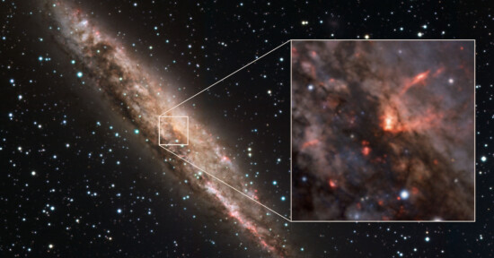 Image of the NGC 4945 galaxy, showing a detailed view with an inset focusing on a bright, active region. The galaxy appears elongated with a bright core, surrounded by dust lanes and scattered stars.