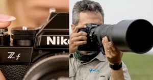Close-up of a hand adjusting the shutter dial on a Nikon Zf camera on the left; on the right, a man holds a Nikon camera with a large telephoto lens, aiming it outdoors.