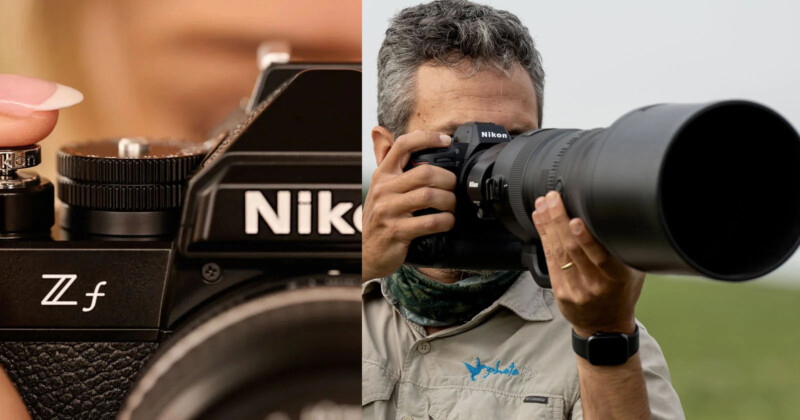 Close-up of a hand adjusting the shutter dial on a Nikon Zf camera on the left; on the right, a man holds a Nikon camera with a large telephoto lens, aiming it outdoors.