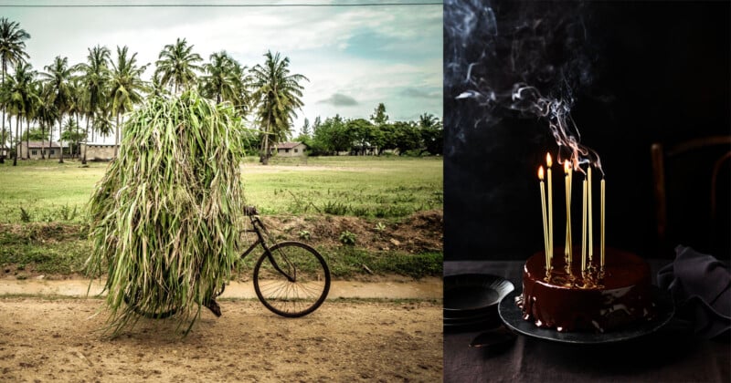 On the left, a person is nearly hidden by a huge load of grass they are carrying while pushing a bicycle; on the right, a chocolate cake with five tall, lit candles emits smoke in a dark setting.