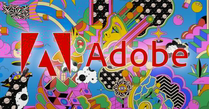 The Adobe logo in red appears prominently over a vibrant, abstract, and colorful background filled with geometric shapes and whimsical patterns.
