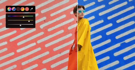 A person in a yellow coat and blue sunglasses stands against a wall divided into red and blue halves with white diagonal lines, next to an on-screen color adjustment panel.