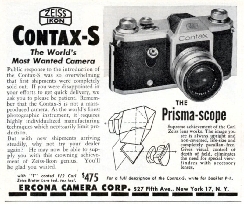 Black and white vintage ad for the Contax-S camera, featuring a photo of the camera with a lens. Text describes its features and price, and highlights the “Prisma-scope” and Zeiss Ikon branding.