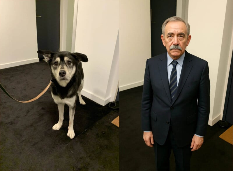 Split image: On the left, a black and white dog with one ear perked up stands on a leash in a hallway. On the right, an older man in a dark suit stands indoors, looking directly at the camera with a neutral expression.