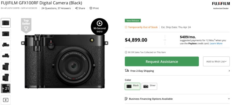 A product listing for the FUJIFILM GFX100RF Digital Camera (Black) shows the camera, price of $4,899, "Temporarily Out of Stock" status, and options for assistance, shipping, and color selection.