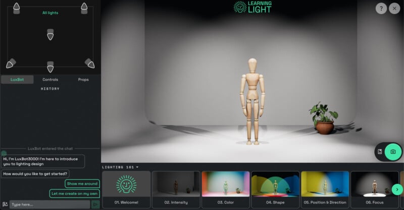 A virtual lighting design interface features a wooden mannequin on a small stage with a plant in the corner. The screen shows lighting controls, a chat box, and options for intensity, color, shape, position & direction, and focus.