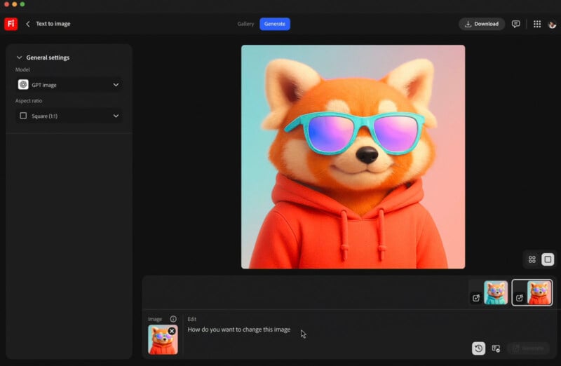 A digital interface displays an AI-generated image of a cartoon red panda wearing a red hoodie and reflective sunglasses, with pastel colors in the background. Various editing and download options are visible on the screen.