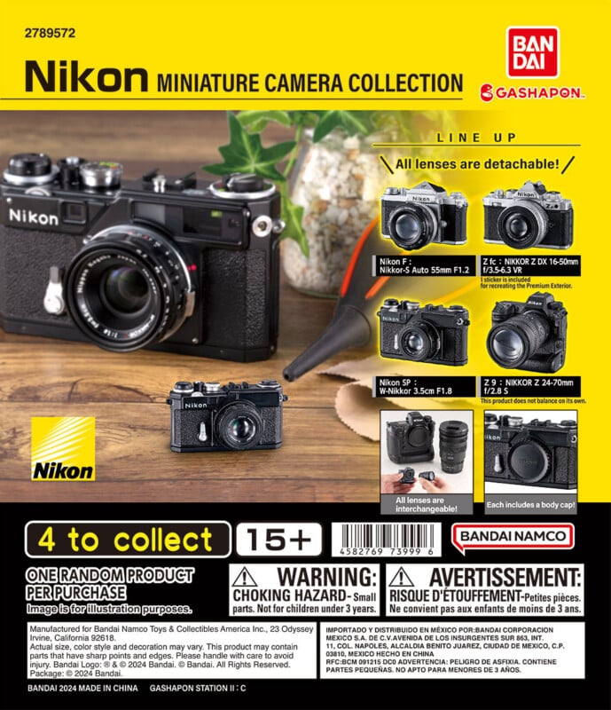 Packaging for Nikon Miniature Camera Collection by Bandai Namco. Shows miniature cameras with interchangeable lenses, styled like classic Nikon models. Four to collect; labeled for ages 15+. Features a warning for choking hazards.