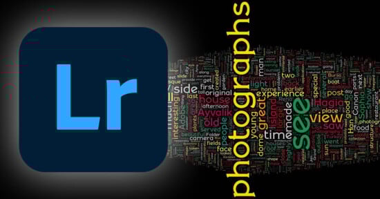 The image shows the Lightroom logo on the left, with a colorful word cloud on the right. Prominent words in the cloud include "photographs," "see," and "view." The logo and word cloud are set against a dark background.