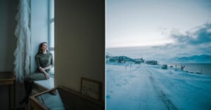 A woman in a green dress sits by a window, gazing outside thoughtfully. Next to her, an outdoor scene shows a snowy road leading to buildings by water, with mountains in the distance under a cloudy sky.