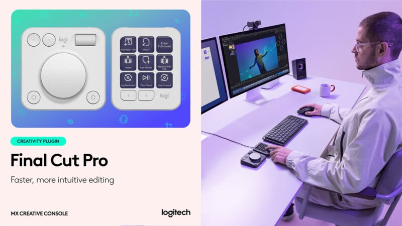 A person uses a Logitech MX Creative Console with a dial and customizable buttons to edit a video on a desktop computer in a modern workspace. Text promotes the Final Cut Pro creativity plugin.