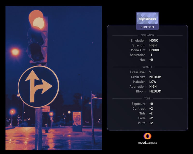 A stylized nighttime scene features a road sign with left and right arrows and a traffic light. A settings panel titled “nightshade | CUSTOM” shows various emulation, quality, and tone adjustments made to the image.