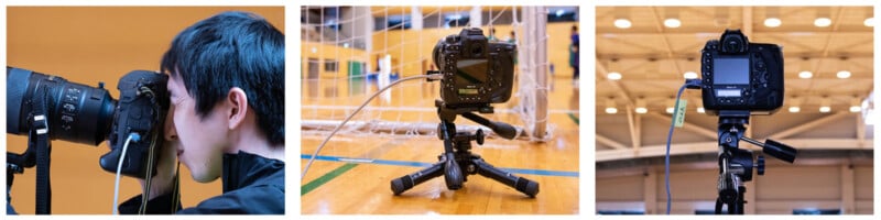 A person uses a professional camera with a large lens; two other images show cameras on tripods set up indoors, focused on a sports court with netted goals in the background.