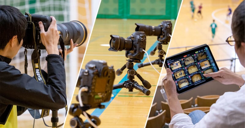 A split image shows a person with a large camera at a sports event, tripods with cameras on a gym floor, and a person in the stands viewing multiple camera feeds on a tablet.