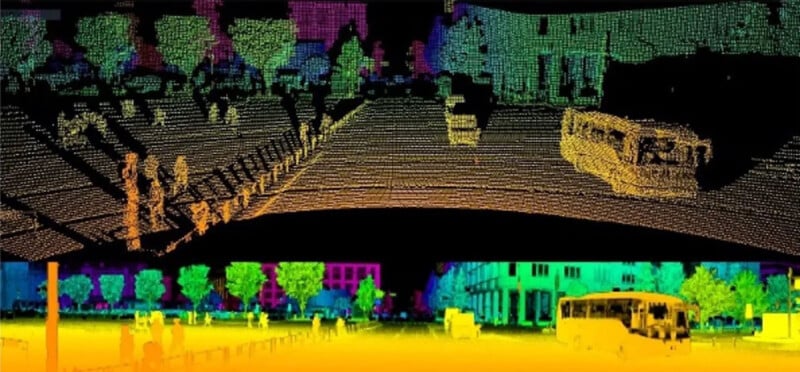 A colorful LiDAR point cloud image shows a city street with buses, cars, trees, buildings, and pedestrians. The points are displayed in neon shades of green, yellow, orange, pink, and purple.