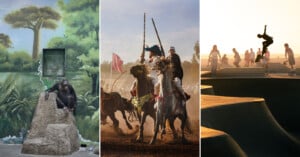 A three-panel image: a chimpanzee in a zoo enclosure, Moroccan horsemen charging with lances, and skateboarders performing tricks at a skatepark at sunset.
