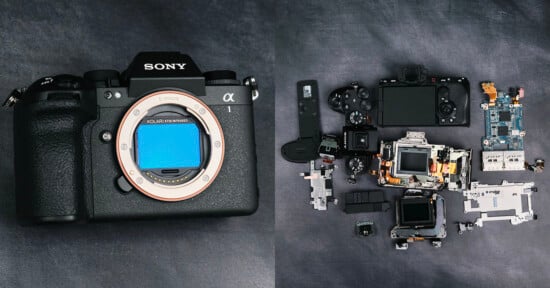 On the left, a Sony Alpha camera body is shown. On the right, the same camera is fully disassembled, with its internal components laid out neatly on a dark surface.