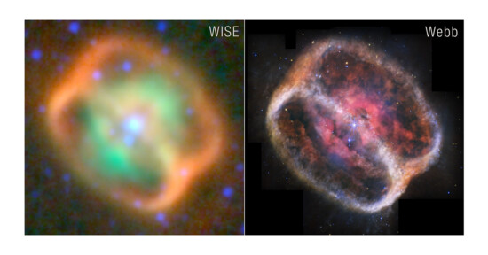 Side-by-side images of a nebula: left, a blurry green and orange view labeled "WISE"; right, a sharper, detailed red and pink view labeled "Webb.