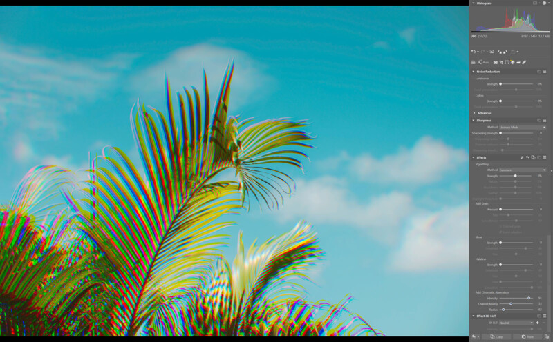 Palm fronds against a partly cloudy blue sky with a visible photo editing interface on the right side. The image has a vibrant chromatic aberration effect, causing red and blue outlines on the leaves.