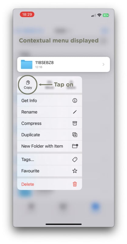 A mobile screen displays a contextual menu for a file, highlighting the "Copy" option. The menu includes options like Get Info, Rename, Compress, Duplicate, Tags, Favourite, and Delete. "Tap on" is indicated near "Copy.