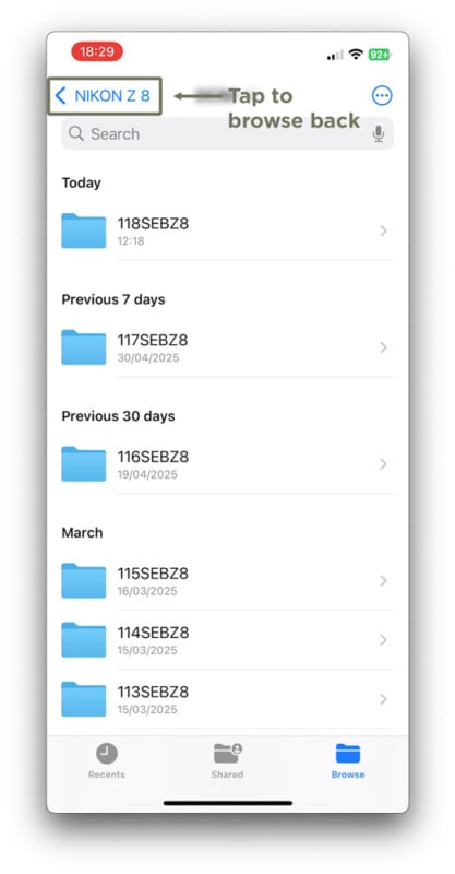 Screenshot of a file browsing app on a mobile device showing folders named with dates and codes (e.g., 118SEBZ8), under a storage device labeled "NIKON Z 8". A label says “Tap to browse back.”.