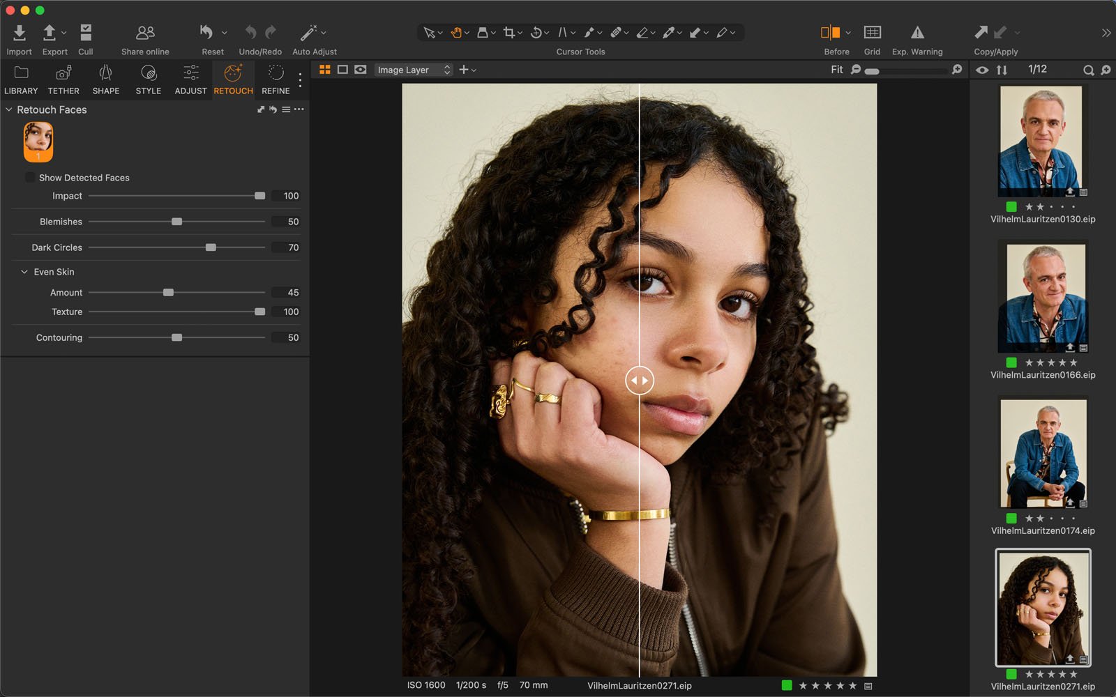 A photo editing software window shows a portrait of a woman with curly hair, wearing gold jewelry. An editing line splits the image to display before and after retouching. Editing tools and thumbnails appear on the side panels.