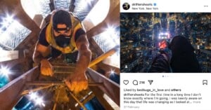 A person wearing a mask and safety vest climbs a metal structure, looking up at the camera. Next to this, an Instagram post shows someone sitting high above a city at night, with glowing skyscrapers below.