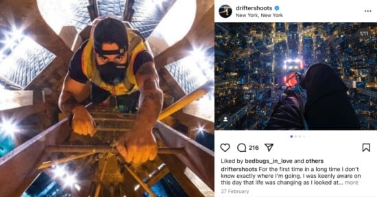 A person wearing a mask and safety vest climbs a metal structure, looking up at the camera. Next to this, an Instagram post shows someone sitting high above a city at night, with glowing skyscrapers below.