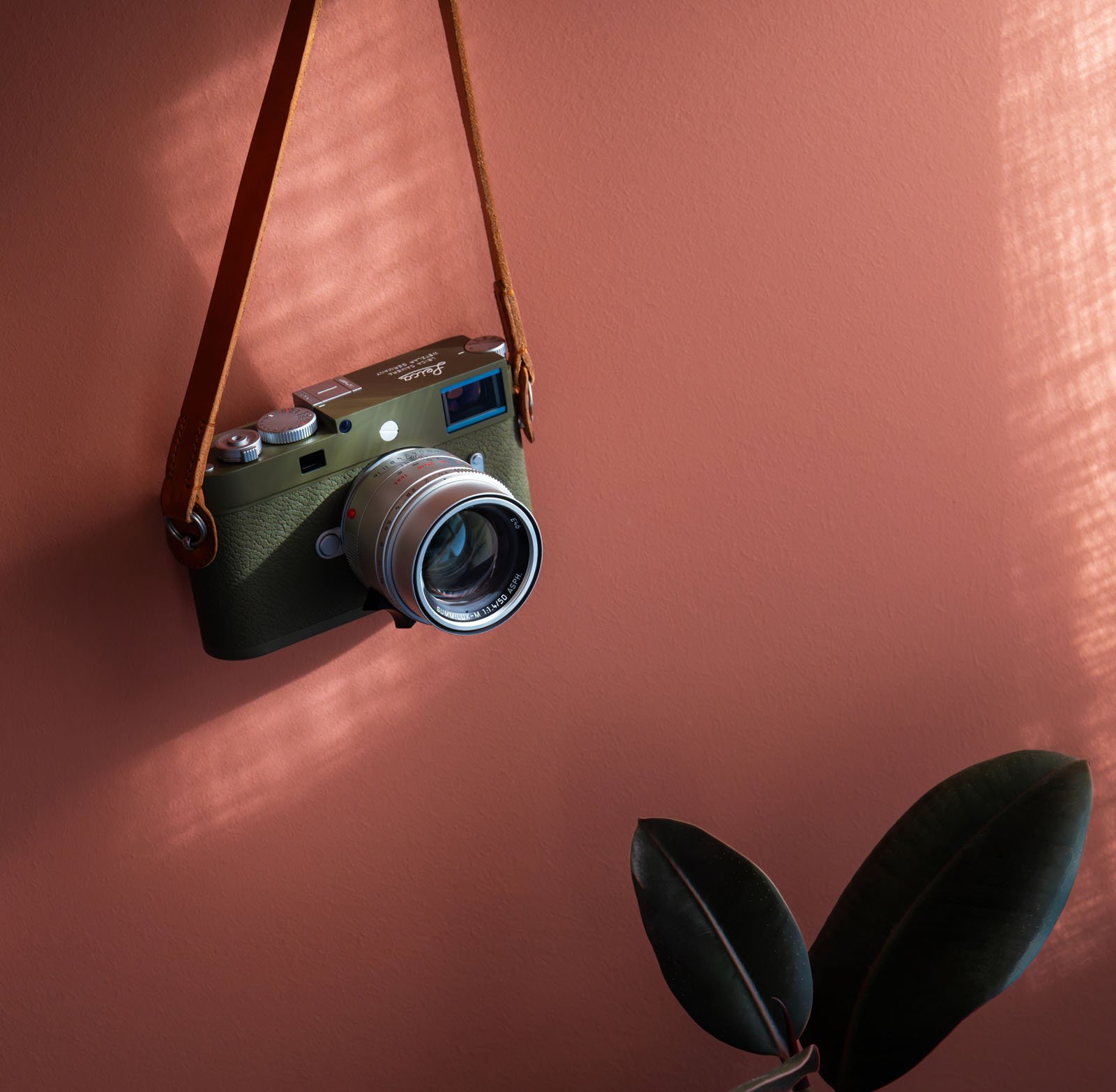 A vintage-style camera with a brown strap hangs on a peach-colored wall. Soft sunlight casts shadows on the wall, and the leaves of a plant are partially visible at the bottom right.