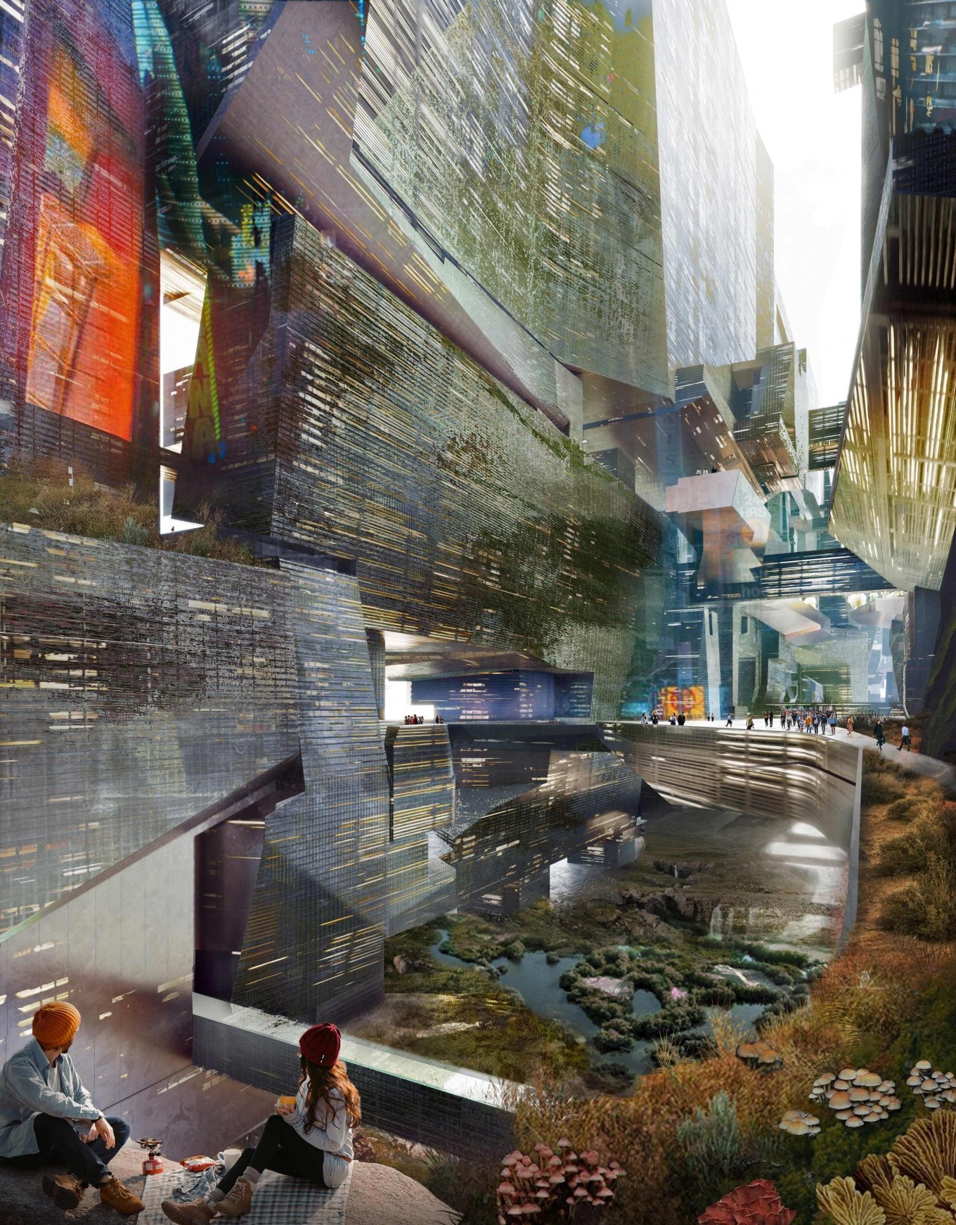 Two people sit and talk near a small stream and greenery at the base of towering, futuristic glass and metal buildings, with more people walking in the background. Sunlight filters through the tall urban structures.