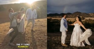 A couple in wedding attire stands outdoors at sunset; on the left, they are being playfully guided by a photographer with a rainbow and caption "THE F**KING RAINBOW!" On the right, they pose smiling together under a rainbow in the sky.
