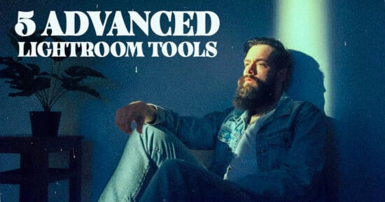 A bearded man in a denim jacket sits in sunlight against a blue wall, next to a small table with a potted plant. Bold white text reads, "5 Advanced Lightroom Tools.