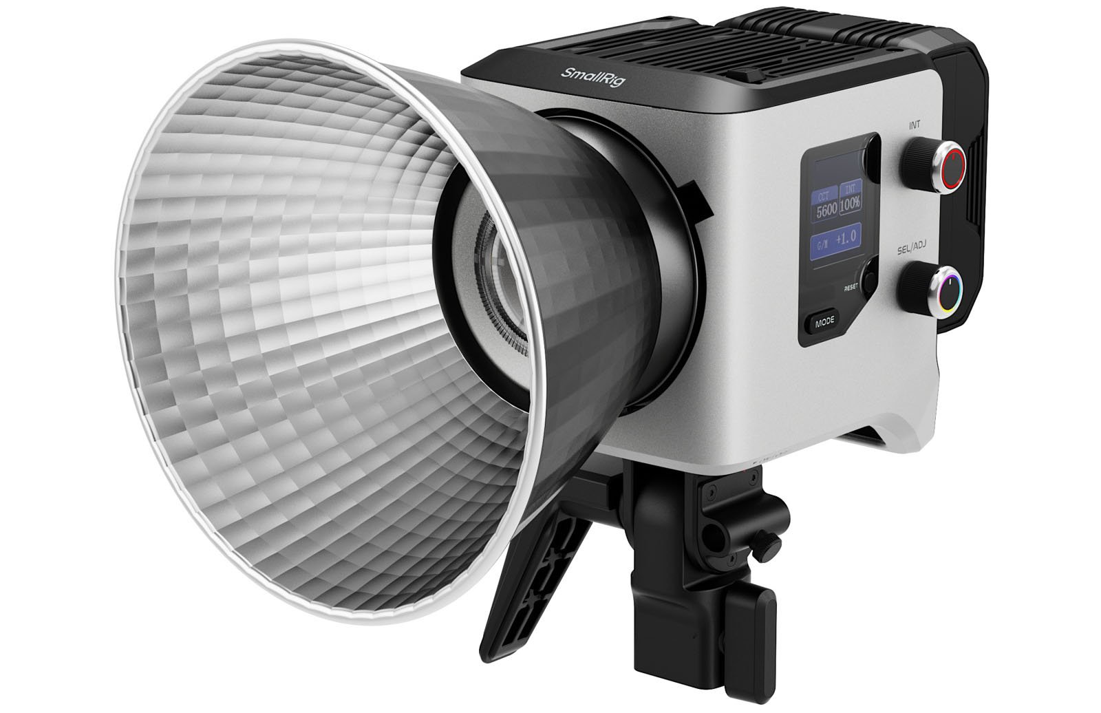 A professional studio LED video light with a silver reflective cone, digital display, control knobs, and mounting bracket, designed for photography or videography.