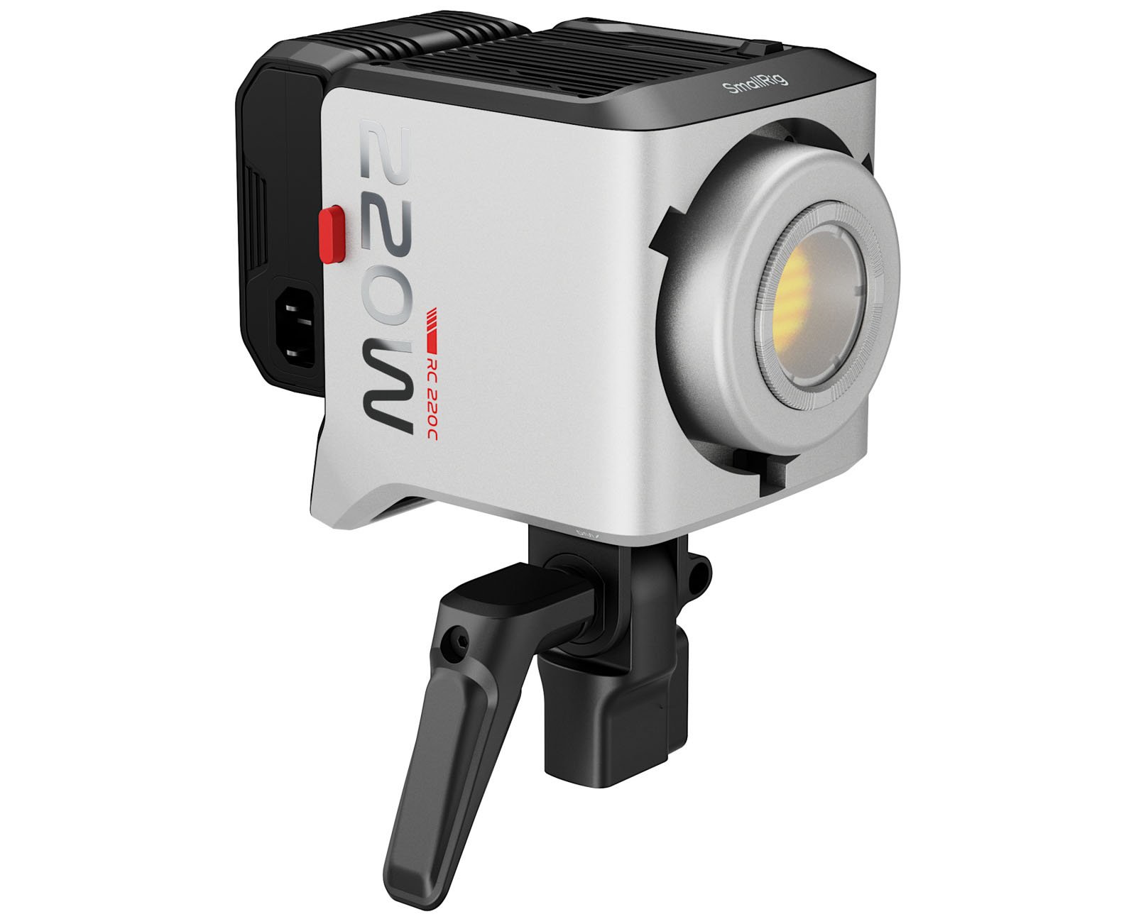 A compact, silver and black LED studio light with a round lens, labeled "220W" and mounted on an adjustable black bracket.