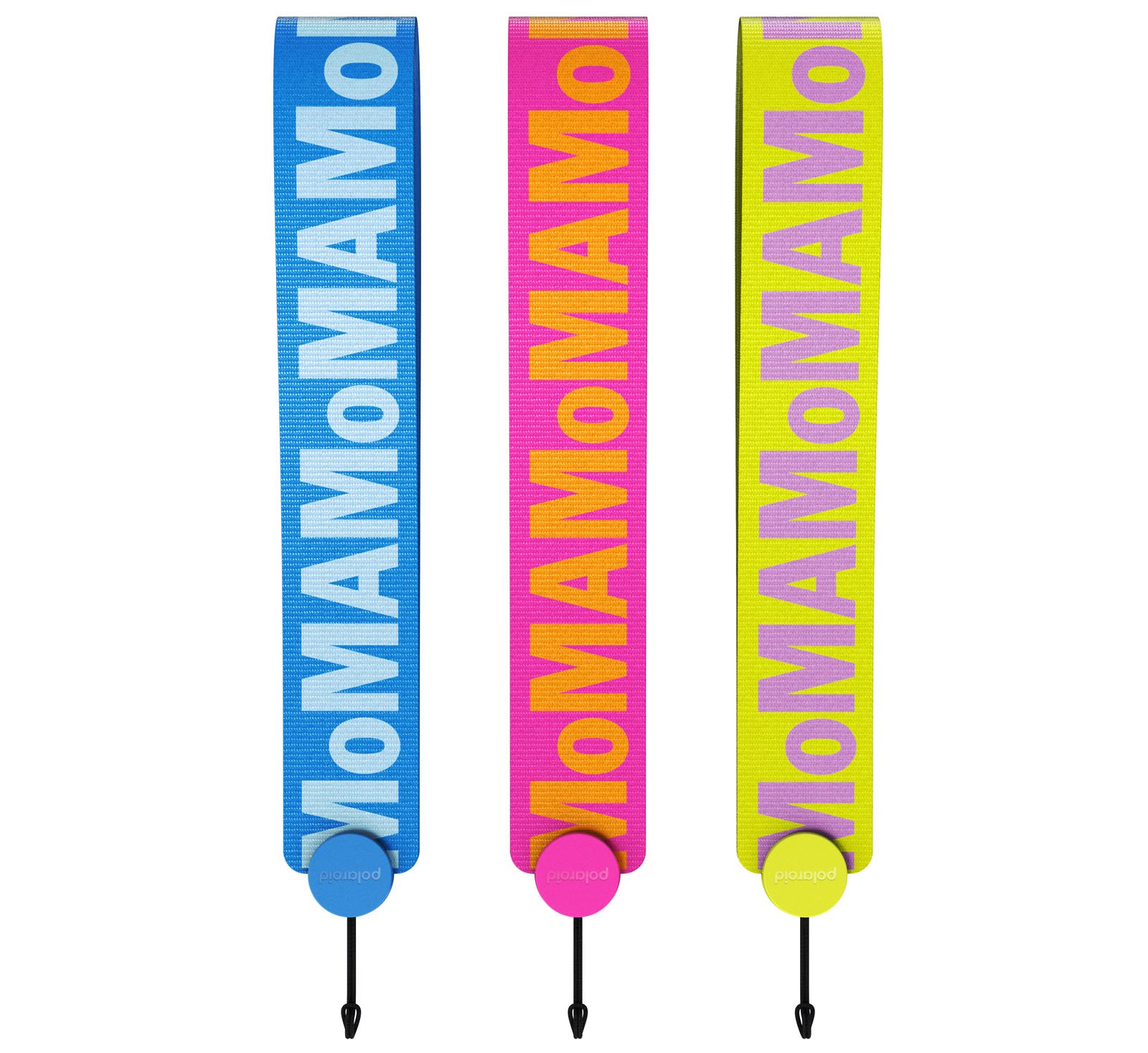 Three colorful bag straps with the word "MAMO" repeated in bold letters. The straps are blue with white text, pink with yellow text, and yellow with pink text. Each has metal hooks and a round tag at the end.