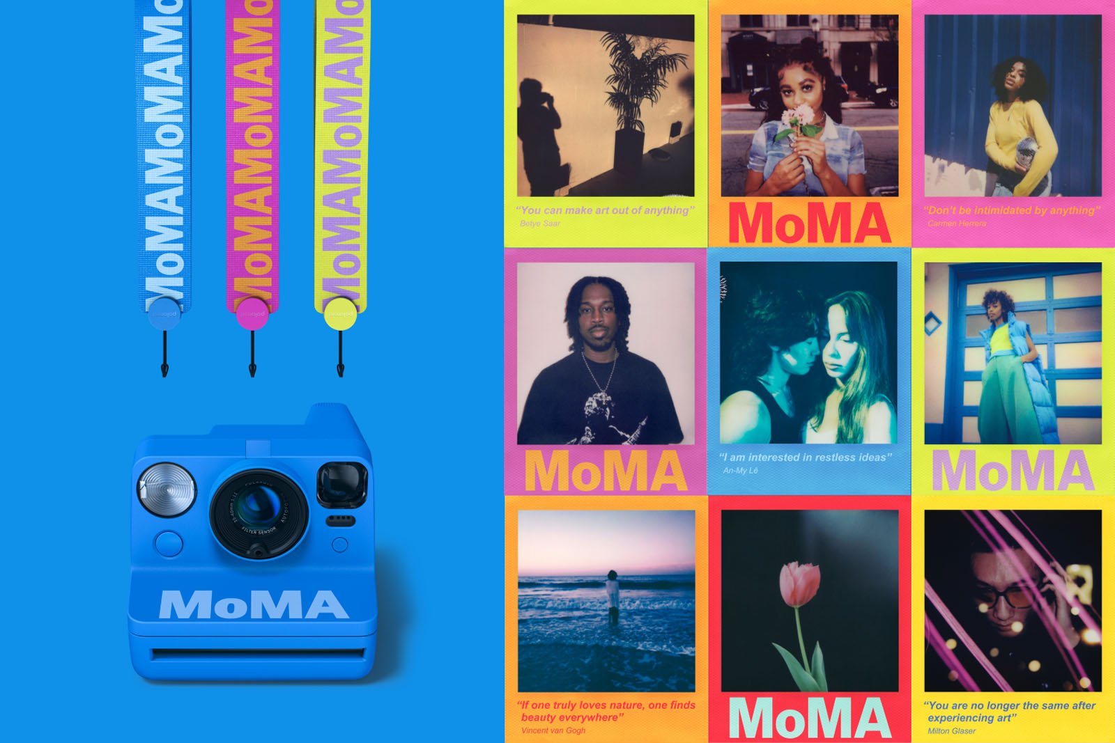A blue MoMA instant camera hangs by three colorful straps on the left. On the right are nine Polaroid-style photos with vibrant borders, each featuring different people, flowers, or scenes, all labeled “MoMA.”.