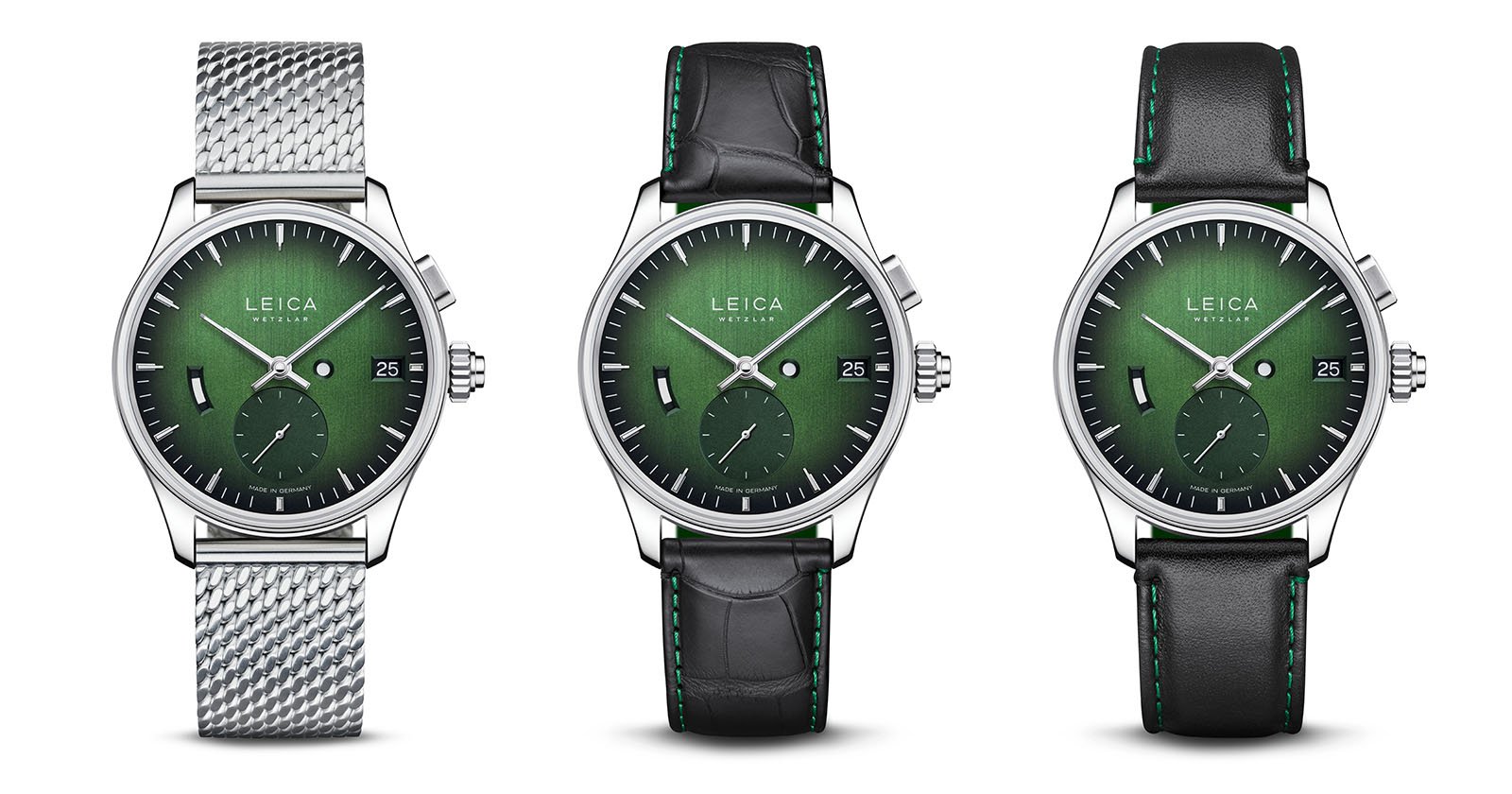 Three Leica analog wristwatches with green gradient dials and date displays. The left watch has a silver mesh band, the center has a black leather band with green stitching, and the right has a plain black leather band.