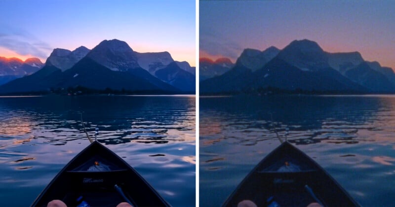 A divided picture shows a view of a canoe on a lake that can be seen at sunset. The left side is clear and lively; The right side is darker and grainy, with fewer details visible in the landscape.