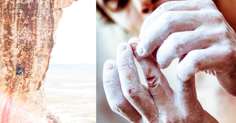 A rock climber scales a steep, sunlit cliff on the left, while a close-up on the right shows chalk-covered hands and fingers with visible cuts, highlighting the physical challenge of climbing.