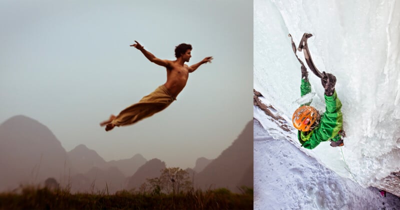 Split image: On the left, a shirtless man in loose pants leaps high in the air against misty mountains. On the right, an ice climber in green scales a frozen wall with ice axes, wearing a helmet and harness.