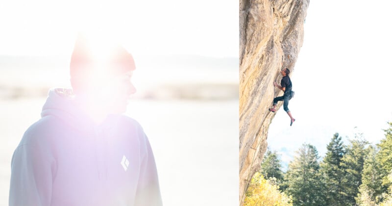 Split image: On the left, a person in a hoodie and beanie stands in bright sunlight; on the right, a climber ascends a steep rock face above trees, using hands and feet to grip the surface.