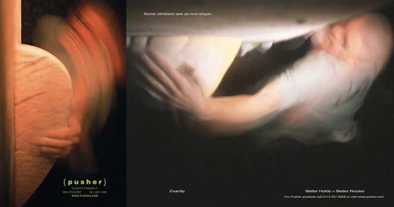 A blurred photo shows a climber gripping a sloping handhold on a climbing wall, highlighting the difficulty and movement. Text reads: "Some climbers see an evil sloper. Exactly." Pusher logo and contact info appear below.