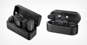 Two compact black electronic kits are shown open. The left case holds two wireless microphones and a receiver. The right case holds two wireless earbuds and charging connectors. Both cases have LED indicators.